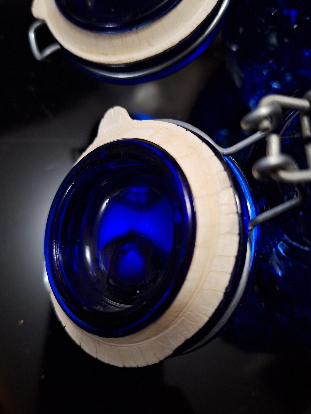 Vintage Cobalt Blue Glass Fruit Embossed Jars - Set of 2 - Wire Bale Lid - Picture 5 of 7